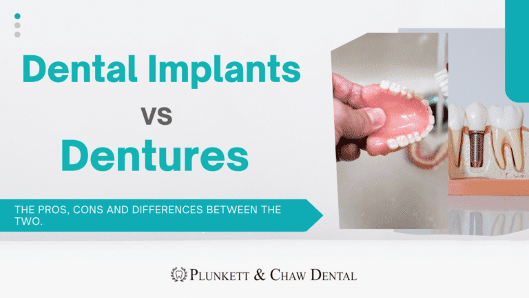 Dental implants vs dentures comparison with a denture model and implant cross-section diagram