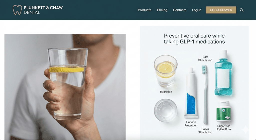 Preventive oral health kit and healthy teeth for GLP-1 patients featuring water for hydration, fluoride toothpaste, and xylitol gum to fight dry mouth.