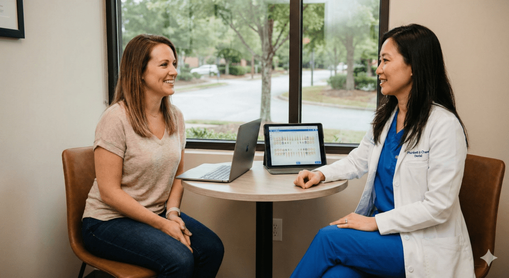 Dentist, Dr. Janice Chaw, consulting with a female patient about Ozempic teeth side effects and dental health in Dunwoody office.