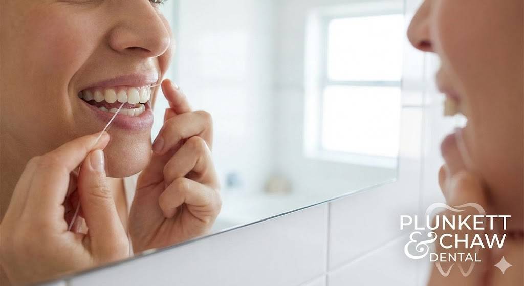 Close-up photograph of a woman demonstrating the correct C-shape flossing technique, with her reflection visible in a bathroom mirror. The Plunkett & Chaw Dental logo is in the bottom right corner.